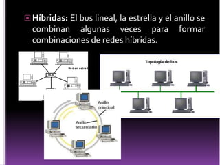  Híbridas: El bus lineal, la estrella y el anillo se
  combinan algunas veces para                formar
  combinaciones de redes híbridas.
 