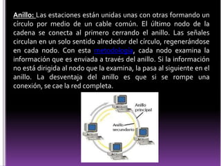 Anillo: Las estaciones están unidas unas con otras formando un
círculo por medio de un cable común. El último nodo de la
cadena se conecta al primero cerrando el anillo. Las señales
circulan en un solo sentido alrededor del círculo, regenerándose
en cada nodo. Con esta metodología, cada nodo examina la
información que es enviada a través del anillo. Si la información
no está dirigida al nodo que la examina, la pasa al siguiente en el
anillo. La desventaja del anillo es que si se rompe una
conexión, se cae la red completa.
 