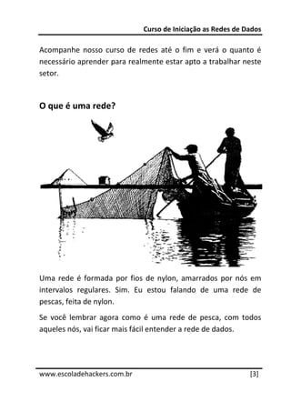 Curso de Iniciação as Redes de Dados 
 
Acompanhe  nosso  curso  de  redes  até  o  fim  e  verá  o  quanto  é 
necessário aprender para realmente estar apto a trabalhar neste 
setor. 
 

O que é uma rede? 




                                                                          
Uma  rede  é  formada  por  fios  de  nylon,  amarrados  por  nós  em 
intervalos  regulares.  Sim.  Eu  estou  falando  de  uma  rede  de 
pescas, feita de nylon. 
Se  você  lembrar  agora  como  é  uma  rede  de  pesca,  com  todos 
aqueles nós, vai ficar mais fácil entender a rede de dados. 
 
 




www.escoladehackers.com.br                                        [3] 
 
 