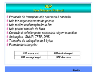 Almeida
UDPUDP
User Datagram ProtocolUser Datagram Protocol
Protocolo de transporte não orientado à conexão
Não faz sequenciamento de pacote
Não realiza confirmação fim-a-fim
Não possui controle de fluxo
Conexão é definida pelos processos origem e destino
Aplicações : SNMP, TFTP, DNS
Tamanho do cabeçalho de 8 bytes
Formato do cabeçalho
UDP source port
UDP message lenght UDP checksum
UDPdestination port
 