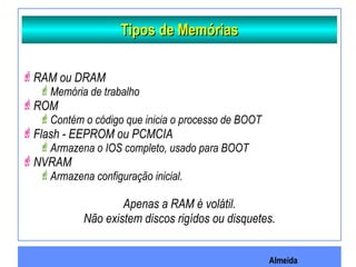 Almeida
Tipos de MemóriasTipos de Memórias
RAM ou DRAM
Memória de trabalho
ROM
Contém o código que inicia o processo de BOOT
Flash - EEPROM ou PCMCIA
Armazena o IOS completo, usado para BOOT
NVRAM
Armazena configuração inicial.
Apenas a RAM é volátil.
Não existem discos rigídos ou disquetes.
 