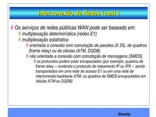 Almeida
Interconexão de Redes (cont.)Interconexão de Redes (cont.)
Os serviços de redes públicas WAN pode ser baseado em:
multiplexação determinística (redes E1)
multiplexação estatística
orientada a conexão com comutação de pacotes (X.25), de quadros
(frame relay) ou de células (ATM, DQDB)
não orientada a conexão com comutação de mensagens (SMDS)
os protocolos podem estar encapsulados (por exemplo, quadros de
frame relay -- contendo o protocolo de roteamento IP ou IPX -- sendo
transportados em uma rede de acesso E1 ou em uma rede de
interconexão backbone ATM, ou quadros de SMDS encapsulados em
células ATM ou DQDB)
 
