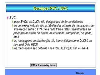 Almeida
Serviços PVC / SVCServiços PVC / SVC
SVC
para SVCs, os DLCIs são designados de forma dinâmica
as conexões virtuais são estabelecidas através de mensagens de
sinalização entre o FRAD e a rede frame relay (semelhantes ao
processo de sinais de discar, de chamada, campainha, ocupado,
etc.)
as mensagens de sinalização são transmitidas com o DLCI 0 ou
no canal D da RDSI
as mensagens são definidas nas Rec. Q.933, Q.931 e FRF.4
FRF = frame relay forum
 