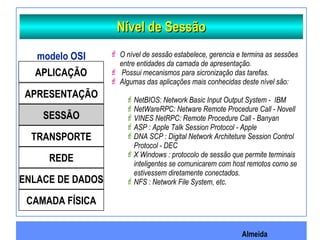 Almeida
Nível de SessãoNível de Sessão
 O nível de sessão estabelece, gerencia e termina as sessões
entre entidades da camada de apresentação.
 Possui mecanismos para sicronização das tarefas.
 Algumas das aplicações mais conhecidas deste nível são:
NetBIOS: Network Basic Input Output System - IBM
NetWareRPC: Netware Remote Procedure Call - Novell
VINES NetRPC: Remote Procedure Call - Banyan
ASP : Apple Talk Session Protocol - Apple
DNA SCP : Digital Network Architeture Session Control
Protocol - DEC
X Windows : protocolo de sessão que permite terminais
inteligentes se comunicarem com host remotos como se
estivessem diretamente conectados.
NFS : Network File System, etc.
APLICAÇÃO
APRESENTAÇÃO
SESSÃO
TRANSPORTE
REDE
ENLACE DE DADOS
CAMADA FÍSICA
modelo OSI
 