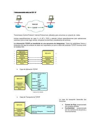 7: Interconectando redes con TCP / IP
Transmission Control Protocol / internet Protocol son utilizados para comunicar un conjunto de redes.
Incluye especificaciones de capa 3 y 4 (IP y TCP) y además incluye especificaciones para aplicaciones
comunes como e-mail, login remoto, emulación de terminal y transferencia de archivos.
La información TCP/IP es transferida en una secuencia de datagramas. Todos los estándares físicos y
protocolos de capa de enlaces de datos son soportados ya que su stack del protocolo TCP/IP funciona como
el modelos OSI.
Capa de Aplicación TCP/IP
Capa de Transporte de TCP/IP
La capa de transporte desarrolla dos
funciones:
Control de flujo proporcionado
por el sliding window.
Confiabilidad proporcionada
por los números de secuencia y
reconocimientos.
 