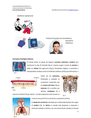 Universidad Nacional de San Luis
 Carrera Licenciatura en Enfermería
 Curso de Rescatadores                                          Esp.Mónica M. Soto Verchér msoto@unsl.edu.ar



             Desfibrilar rápidamente




                                                       Prácticas frecuentes con simuladores y
                                                                                    operadores
                                                                                    telefónicos.




 Conceptos Fisiológicos Básicos
                          El cuerpo posee un grupo de órganos (corazón, pulmones, cerebro) que
                          mantienen la vida. El corazón (Fig.1). impulsa sangre a través de arterias a
                          todas las células del organismo (Fig.2), llevándoles oxígeno y nutrientes y
                          extrayéndoles residuos como el anhídrido carbónico [CO2] para eliminarlos a
    Fig. 1

                                               través de los pulmones.
                                               Pulmones y corazón se
                                                                                    2                 2
                                               encuentran contenidos por
                                                                                            1

                                               los huesos del tórax (Fig.3):
CO2
                                               esternón [1] y costillas por
 Fig.2
                                               delante, omóplatos [2] y
                                                                                             3
 columna vertebral [3] por detrás. Cuando respiramos estos huesos se
                                                                                  Fig. 3

                                  mueven para permitir la contracción y expansión torácica.

                                  El estado de conciencia está dado por el adecuado bombeo de sangre
                                  al cerebro (Fig. 4). Alerta es cuando está despierto y responde a
                                  estímulos verbales y táctiles, con una conversación situada en tiempo
                                                                                                          5


  Fig. 4
 