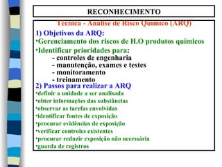 RECONHECIMENTO
       Técnica - Análise de Risco Químico (ARQ)
1) Objetivos da ARQ:
•Gerenciamento dos riscos de H.O produtos químicos
•Identificar prioridades para:
     - controles de engenharia
     - manutenção, exames e testes
     - monitoramento
     - treinamento
2) Passos para realizar a ARQ
•definir a unidade a ser analisada
•obter informações das substâncias
•observar as tarefas envolvidas
•identificar fontes de exposição
•procurar evidências de exposição
•verificar controles existentes
•procurar reduzir exposição não necessária
•guarda de registros
 