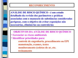 RECONHECIMENTO

ANÁLISE DE RISCO QUÍMICO - é um estudo
detalhado da revisão dos parâmetros e práticas
associadas com o manuseio de substâncias consideradas
perigosas, com o objetivo de evitar exposições não
necessárias, eliminá-las ou controlá-las

   OBJETIVOS DA ANÁLISE DE RISCO QUÍMICO
• Gerenciar os riscos ambientais
• Identificar prioridades para:
       controle de engenharia, procedimento ou EPI
       manutenção, exames, testes
       monitoramento (coletas de ar, etc.
       treinamento
 