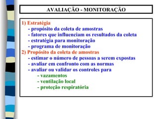 AVALIAÇÃO - MONITORAÇÃO

1) Estratégia
   - propósito da coleta de amostras
   - fatores que influenciam os resultados da coleta
   - estratégia para monitoração
   - programa de monitoração
2) Propósito da coleta de amostras
   - estimar o número de pessoas a serem expostas
   - avaliar em confronto com as normas
   - avaliar ou validar os controles para
        - vazamentos
        - ventilação local
        - proteção respiratória
 
