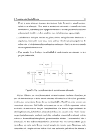 ˆ   ´
5. Arquitetura de Robos Moveis                                                             99

   ¯   De certa forma podemos ignorar o problema da fus˜ o de sensores usando uma ar-
                                                       a
       quitetura de subsuncao. Nem todos os sensores necessitam ser consultados em uma
                          ¸˜
       representacao, somente aqueles cujo processamento da informacao identiﬁca-se como
                 ¸˜                                                ¸˜
       extremamente conﬁ´ vel podem ser eleitos para participarem da representacao.
                        a                                                      ¸˜

   ¯   A existˆ ncia de multiplos sensores e o gerenciamento inteligente destes d˜ o robutez a
              e          ´                                                       a           `
       arquitetura. Entretanto, existe ainda outra fonte de robustez em uma arquitetura de
       subsuncao: n´veis inferiores bem debugados continuam a funcionar mesmo quando
             ¸˜    ı
       n´veis superiores s˜ o somados.
        ı                 a

   ¯   Uma maneira obvia de dispor de aditividade e construir cada nova camada em seu
                   ´                              ´
       proprio processador.
         ´




                                               Explorar




                 sonar 1   ..        Calcula
                 sonar 8    .                             Afastar   S   motor 2
                                     Vetor




                                ..                                      motor 1
                                 .   Parar




                Figura 5.3: Um exemplo simples da arquitetura de subsuncao
                                                                       ¸˜

   A ﬁgura 5.3 ilustra um exemplo simples de implementacao da arquitetura de subsuncao
                                                       ¸˜                          ¸˜
para um robo movel que se move em um ambiente, desviando-se de obst´ culos quando ne-
           ˆ ´                                                     a
cess´ rio, mas sem perder a direcao do seu movimento [36]. O robo tem como sensores um
    a                           ¸˜                              ˆ
conjunto de oito sonares distribu´dos uniformemente em sua periferia, capazes de estimar
                                 ı
a distˆ ncia de ost´ culos nas direcoes correspondentes. Um modulo de processamento da
      a            a               ¸˜                        ´
informacao sensorial, Calcula Vetor, interpreta as leituras dos sensores como vetores e os so-
       ¸˜
ma, produzindo um vetor resultante que indica a direcao e a magnitude relativas a posicao
                                                    ¸˜                          `     ¸˜
e distˆ ncia de um obst´ culo imagin´ rio, que resume estas leituras. O movimento do robo e
      a                a            a                                                   ˆ ´
comandado por dois motores independentes: um motor 1 para produzir velocidades iguais
nas rodas, e um outro motor 2 para produzir um giro do eixo das rodas. Na camada mais
baixa est˜ o dois comportamentos b´ sicos: Parar, que ao detectar, pela leitura dos sonares, a
         a                        a
 