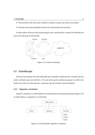 ¸˜
1. Introducao                                                                            6

   ¯   Processamento das informa¸oes obtidas e selecao de acoes que ser˜ o executadas;
                                c˜                 ¸˜      ¸˜          a

   ¯   Execucao das acoes planejadas atrav´ s do acionamento dos atuadores.
            ¸˜       ¸˜                   e

   O robo realiza diversos ciclos de percepcao-acao, modiﬁcando o estado do ambiente em
        ˆ                                  ¸˜   ¸˜
busca da realizacao da tarefa [36].
                ¸˜
                           Sensores        Percepção




                                                                 AMBIENTE




                         Atuadores         Ação

                                      Figura 1.3: Ciclo de interacao
                                                                 ¸˜




1.3 Classiﬁca¸ ao
             c˜

   Diversas taxonomias tem sido utilizadas para classiﬁcar robos moveis, contudo, n˜ o h´ ,
                                                              ˆ   ´                a a
ainda, nenhuma que seja deﬁnitiva. De uma forma geral, podemos agrupar os robos exis-
                                                                             ˆ
tentes de acordo com trˆ s aspectos: anatomia, tipo de controle e funcionalidade.
                       e


1.3.1 Segundo a Anatomia

   Quanto a anatomia os robos podem ser classiﬁcados em trˆ s grandes grupos (ﬁgura 1.4):
                           ˆ                              e
os robos a´ reos, os aqu´ ticos e os terrestres.
      ˆ e               a

                                                  Robôs Móveis




                      Aéreos                       Aquáticos           Terrestres

                                                                        Rodas
                                                                        Esteiras
                                                                        Pernas

                         Figura 1.4: Classiﬁcacao segundo a anatomia
                                              ¸˜
 