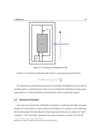2. Sensores                                                                               30




                                                Mola




                                      Massa M              Direçao do movimento




                               LVDT




                             Figura 2.9: Acelerometro(Adaptado de [6])


    Usando a Lei de Newton podemos ent˜ o derivar a aceleracao da seguinte forma:
                                      a                    ¸˜


                                         Å¡           ¡Ý µ          ¡Ý
                                                                    Å

    Os acelerometros geralmente possuem um uso limitado em Robotica devido ao fato de
             ˆ                                                ´
medirem apenas a aceleracao linear. Para o caso da medida de velocidade de juntas, geral-
                        ¸˜
mente deriva-se o valor da aceleracao diretamente do valor da velocidade angular.
                                  ¸˜



2.5 Sensores Externos

    Esta classe de sensores tem a ﬁnalidade de permitir a monitoracao do robo, mas agora
                                                                  ¸˜        ˆ
do ponto de vista externo, ou seja, a partir de sua relacao com o mundo e com a tarefa que
                                                        ¸˜
lhe foi determinada. S˜ o estes tipos de sensores que funcionam como os org˜ os da “vis˜ o”,
                      a                                                 ´ a            a
“audicao” e “tato” dos robos, e permitem que estes se orientem no mundo. [2, 9, 24, 20]
     ¸˜                   ˆ

gerador que e capaz de medir a velocidade de seu eixo de rotacao.
            ´                                                ¸˜
 