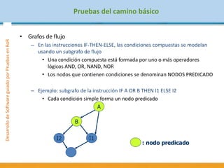 DesarrollodeSoftwareguiadoporPruebasenRoR
Pruebas del camino básico
• Grafos de flujo
– En las instrucciones IF-THEN-ELSE, las condiciones compuestas se modelan
usando un subgrafo de flujo
• Una condición compuesta está formada por uno o más operadores
lógicos AND, OR, NAND, NOR
• Los nodos que contienen condiciones se denominan NODOS PREDICADO
– Ejemplo: subgrafo de la instrucción IF A OR B THEN I1 ELSE I2
• Cada condición simple forma un nodo predicado
: nodo predicado
A
I1I2
B
 