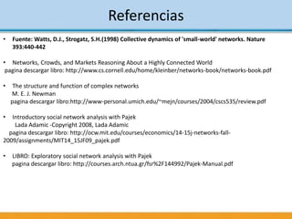 Referencias
• Fuente: Watts, D.J., Strogatz, S.H.(1998) Collective dynamics of 'small-world' networks. Nature
393:440-442
• Networks, Crowds, and Markets Reasoning About a Highly Connected World
pagina descargar libro: http://www.cs.cornell.edu/home/kleinber/networks-book/networks-book.pdf
• The structure and function of complex networks
M. E. J. Newman
pagina descargar libro:http://www-personal.umich.edu/~mejn/courses/2004/cscs535/review.pdf
• Introductory social network analysis with Pajek
Lada Adamic -Copyright 2008, Lada Adamic
pagina descargar libro: http://ocw.mit.edu/courses/economics/14-15j-networks-fall-
2009/assignments/MIT14_15JF09_pajek.pdf
• LIBRO: Exploratory social network analysis with Pajek
pagina descargar libro: http://courses.arch.ntua.gr/fsr%2F144992/Pajek-Manual.pdf
 