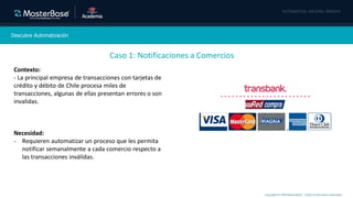 Copyright © 2020 MasterBase®. Todos los derechos reservados
Descubre Automatización
Caso 1: Notificaciones a Comercios
Contexto:
- La principal empresa de transacciones con tarjetas de
crédito y débito de Chile procesa miles de
transacciones, algunas de ellas presentan errores o son
invalidas.
Necesidad:
- Requieren automatizar un proceso que les permita
notificar semanalmente a cada comercio respecto a
las transacciones inválidas.
 
