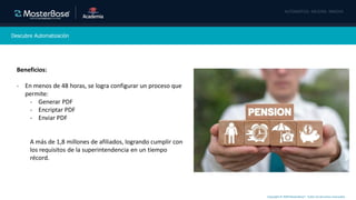 Copyright © 2020 MasterBase®. Todos los derechos reservados
Descubre Automatización
Beneficios:
- En menos de 48 horas, se logra configurar un proceso que
permite:
- Generar PDF
- Encriptar PDF
- Enviar PDF
A más de 1,8 millones de afiliados, logrando cumplir con
los requisitos de la superintendencia en un tiempo
récord.
 