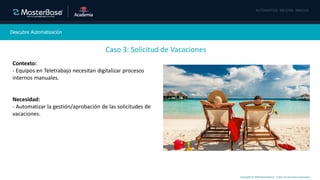 Copyright © 2020 MasterBase®. Todos los derechos reservados
Descubre Automatización
Contexto:
- Equipos en Teletrabajo necesitan digitalizar procesos
internos manuales.
Necesidad:
- Automatizar la gestión/aprobación de las solicitudes de
vacaciones.
Caso 3: Solicitud de Vacaciones
 