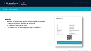 Copyright © 2020 MasterBase®. Todos los derechos reservados
Descubre Automatización
Solución:
- A través de formulario web se piden días de vacaciones.
- El proceso coordina avisos a las jefaturas
- Se controla las autorizaciones
- Calcula los días disponible y descuenta los saldos
 