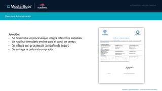 Copyright © 2020 MasterBase®. Todos los derechos reservados
Descubre Automatización
Solución:
- Se desarrolla un proceso que integra diferentes sistemas
- Se habilita formulario online para el canal de ventas
- Se integra con proceso de compañía de seguro
- Se entrega la póliza al comprador.
 