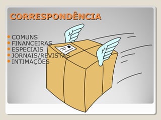 CORRESPONDÊNCIACORRESPONDÊNCIA
COMUNS
FINANCEIRAS
ESPECIAIS
JORNAIS/REVISTAS
INTIMAÇÕES
 