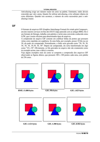 TUTORIAL WEB SITES
               Anti-aliasing exige um número maior de cores na palette. Entretanto, todos devem
               concordar que vale a pena. Quanto for utilizar anti-aliasing, evite sobrepor objetos de
               cores diferentes. Quando isso acontece, o número de cores necessárias para o anti-
               aliasing é maior.

’   Å   Æ




               O formato de arquivos GIF (Graphics Interchange Format) foi criado pela Compuserv,
               um dos maiores serviços on-line dos EEUU (algo parecido com as antigas BBS). Ele é
               um formato de bitmaps, trabalha com palettes e inclui uma conversão conhecida como
               LZW, que é muito eficiente para determinados tipos de arquivos.
               A compressão do arquivo GIF consiste em codificar linhas de pontos que possuem
               várias cores repetidas em seqüência. Se uma linha, por exemplo, possui 10 bits na cor
               30, ela pode ser compactada. Normalmente, a linha seria gravada como 30, 30, 30,
               30, 30, 30, 30, 30, 30, 30. Depois de compactada, ela seria transformada em algo
               como 10 x 30. Obviamente, os bits gravados no arquivo não são exatamente como
               no exemplo acima, mas a idéia é a mesma.
               Veja alguns exemplos reais de como se comporta a compressão dos arquivos GIF
               observando as figuras abaixo, que possuem 100 x 100 pontos cada uma, com palette
               de 256 cores.




            BMP, 11.080 bytes                 GIF, 956 bytes                  GIF, 1.023 bytes




                 GIF, 1.121 bytes                GIF, 1.388 bytes               GIF, 8.502 bytes



                                                                                      PÁGINA   ¿   À   Á   Â   Ã   Ä
 