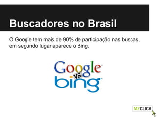 Buscadores no Brasil
O Google tem mais de 90% de participação nas buscas,
em segundo lugar aparece o Bing.
 
