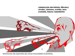 comunicação não-violenta, liderança
circular, consenso, ecovilas, nova
economia, bancos comunitários
Sentimentos são expressões das nossas necessidades insatisfeitas.
 