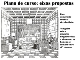 Plano de curso: eixos propostos
• Uma
construção
coletiva:
circularidade.
• “Ninguém
educa
ninguém,
ninguém educa
a si mesmo, os
homens se
educam entre
si” Paulo Freire
 