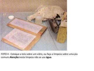 FOTO 4 - Coloque a tela sobre um vidro, ou faça a limpeza sobre uma pia
comum.Atenção:nesta limpeza não se usa água.
 