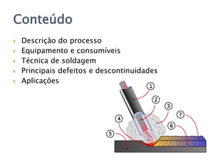 Conteúdo
 Descrição do processo
 Equipamento e consumíveis
 Técnica de soldagem
 Principais defeitos e descontinuidades
 Aplicações
 