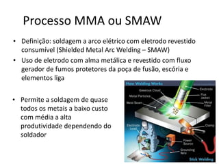Processo MMA ou SMAW
• Definição: soldagem a arco elétrico com eletrodo revestido
consumível (Shielded Metal Arc Welding – SMAW)
• Uso de eletrodo com alma metálica e revestido com fluxo
gerador de fumos protetores da poça de fusão, escória e
elementos liga
• Permite a soldagem de quase
todos os metais a baixo custo
com média a alta
produtividade dependendo do
soldador
 