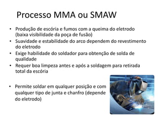 Processo MMA ou SMAW
• Produção de escória e fumos com a queima do eletrodo
(baixa visibilidade da poça de fusão)
• Suavidade e estabilidade do arco dependem do revestimento
do eletrodo
• Exige habilidade do soldador para obtenção de solda de
qualidade
• Requer boa limpeza antes e após a soldagem para retirada
total da escória
• Permite soldar em qualquer posição e com
qualquer tipo de junta e chanfro (depende
do eletrodo)
 