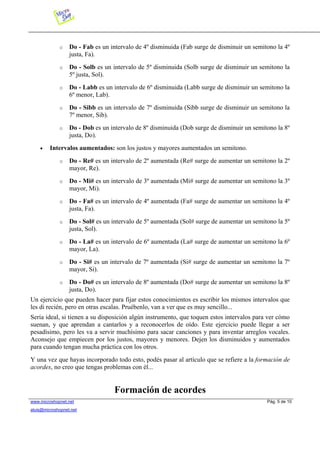 o Do - Fab es un intervalo de 4º disminuida (Fab surge de disminuir un semitono la 4º
justa, Fa).
o Do - Solb es un intervalo de 5º disminuida (Solb surge de disminuir un semitono la
5º justa, Sol).
o Do - Labb es un intervalo de 6º disminuida (Labb surge de disminuir un semitono la
6º menor, Lab).
o Do - Sibb es un intervalo de 7º disminuida (Sibb surge de disminuir un semitono la
7º menor, Sib).
o Do - Dob es un intervalo de 8º disminuida (Dob surge de disminuir un semitono la 8º
justa, Do).
• Intervalos aumentados: son los justos y mayores aumentados un semitono.
o Do - Re# es un intervalo de 2º aumentada (Re# surge de aumentar un semitono la 2º
mayor, Re).
o Do - Mi# es un intervalo de 3º aumentada (Mi# surge de aumentar un semitono la 3º
mayor, Mi).
o Do - Fa# es un intervalo de 4º aumentada (Fa# surge de aumentar un semitono la 4º
justa, Fa).
o Do - Sol# es un intervalo de 5º aumentada (Sol# surge de aumentar un semitono la 5º
justa, Sol).
o Do - La# es un intervalo de 6º aumentada (La# surge de aumentar un semitono la 6º
mayor, La).
o Do - Si# es un intervalo de 7º aumentada (Si# surge de aumentar un semitono la 7º
mayor, Si).
o Do - Do# es un intervalo de 8º aumentada (Do# surge de aumentar un semitono la 8º
justa, Do).
Un ejercicio que pueden hacer para fijar estos conocimientos es escribir los mismos intervalos que
les di recién, pero en otras escalas. Pruébenlo, van a ver que es muy sencillo...
Sería ideal, si tienen a su disposición algún instrumento, que toquen estos intervalos para ver cómo
suenan, y que aprendan a cantarlos y a reconocerlos de oído. Este ejercicio puede llegar a ser
pesadísimo, pero les va a servir muchísimo para sacar canciones y para inventar arreglos vocales.
Aconsejo que empiecen por los justos, mayores y menores. Dejen los disminuidos y aumentados
para cuando tengan mucha práctica con los otros.
Y una vez que hayas incorporado todo esto, podés pasar al artículo que se refiere a la formación de
acordes, no creo que tengas problemas con él...
Formación de acordes
www.microshopnet.net Pág. 5 de 10
aluis@microshopnet.net
 