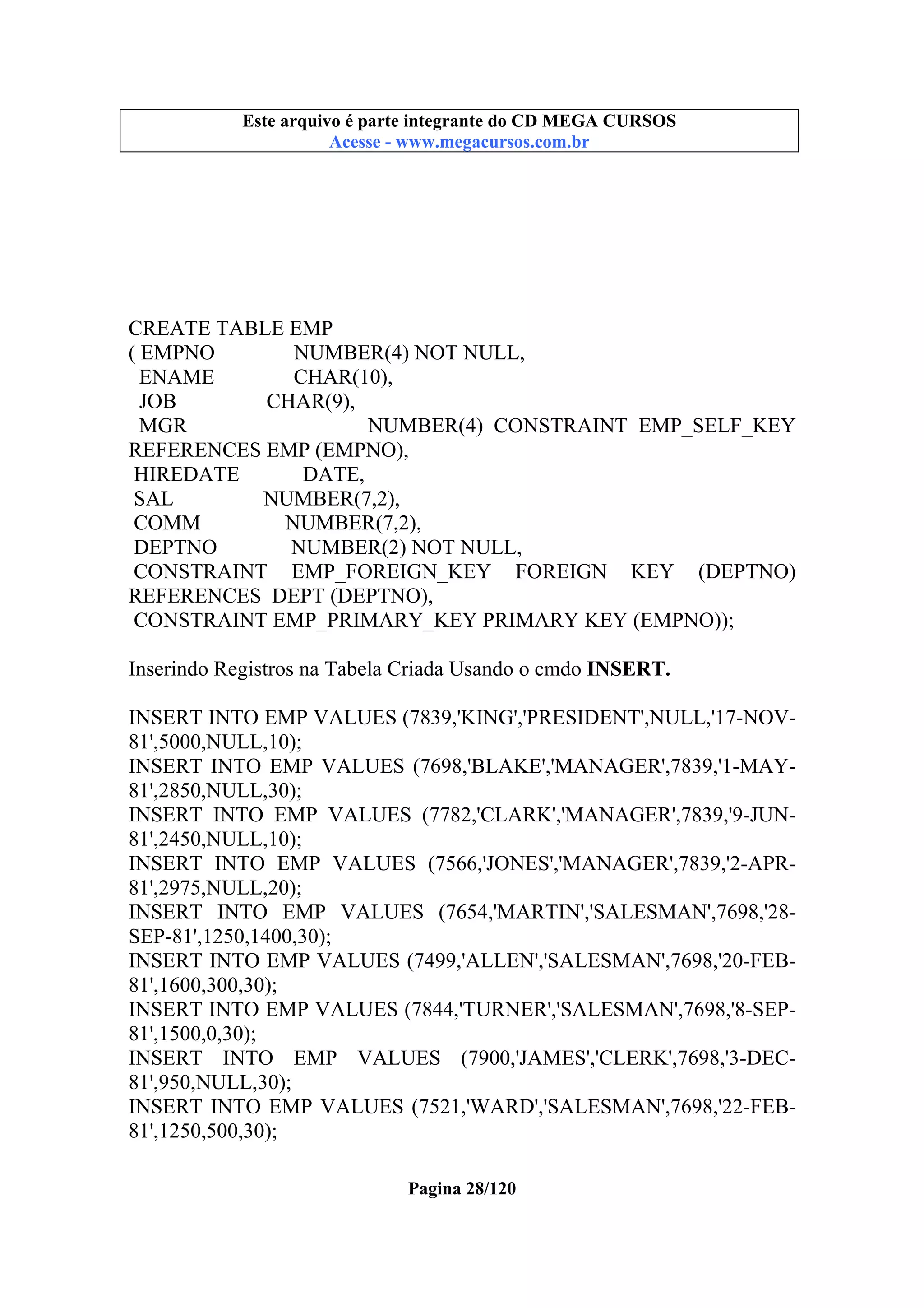 Este arquivo compõe a coletânea STC
Este arquivo é parte integrante do CD MEGA CURSOS
www.trabalheemcasaoverdadeiro.com.br
Acesse - www.megacursos.com.br

CREATE TABLE EMP
( EMPNO
NUMBER(4) NOT NULL,
ENAME
CHAR(10),
JOB
CHAR(9),
MGR
NUMBER(4) CONSTRAINT EMP_SELF_KEY
REFERENCES EMP (EMPNO),
HIREDATE
DATE,
SAL
NUMBER(7,2),
COMM
NUMBER(7,2),
DEPTNO
NUMBER(2) NOT NULL,
CONSTRAINT EMP_FOREIGN_KEY FOREIGN KEY (DEPTNO)
REFERENCES DEPT (DEPTNO),
CONSTRAINT EMP_PRIMARY_KEY PRIMARY KEY (EMPNO));
Inserindo Registros na Tabela Criada Usando o cmdo INSERT.
INSERT INTO EMP VALUES (7839,'KING','PRESIDENT',NULL,'17-NOV81',5000,NULL,10);
INSERT INTO EMP VALUES (7698,'BLAKE','MANAGER',7839,'1-MAY81',2850,NULL,30);
INSERT INTO EMP VALUES (7782,'CLARK','MANAGER',7839,'9-JUN81',2450,NULL,10);
INSERT INTO EMP VALUES (7566,'JONES','MANAGER',7839,'2-APR81',2975,NULL,20);
INSERT INTO EMP VALUES (7654,'MARTIN','SALESMAN',7698,'28SEP-81',1250,1400,30);
INSERT INTO EMP VALUES (7499,'ALLEN','SALESMAN',7698,'20-FEB81',1600,300,30);
INSERT INTO EMP VALUES (7844,'TURNER','SALESMAN',7698,'8-SEP81',1500,0,30);
INSERT INTO EMP VALUES (7900,'JAMES','CLERK',7698,'3-DEC81',950,NULL,30);
INSERT INTO EMP VALUES (7521,'WARD','SALESMAN',7698,'22-FEB81',1250,500,30);
Pagina 28/120

 