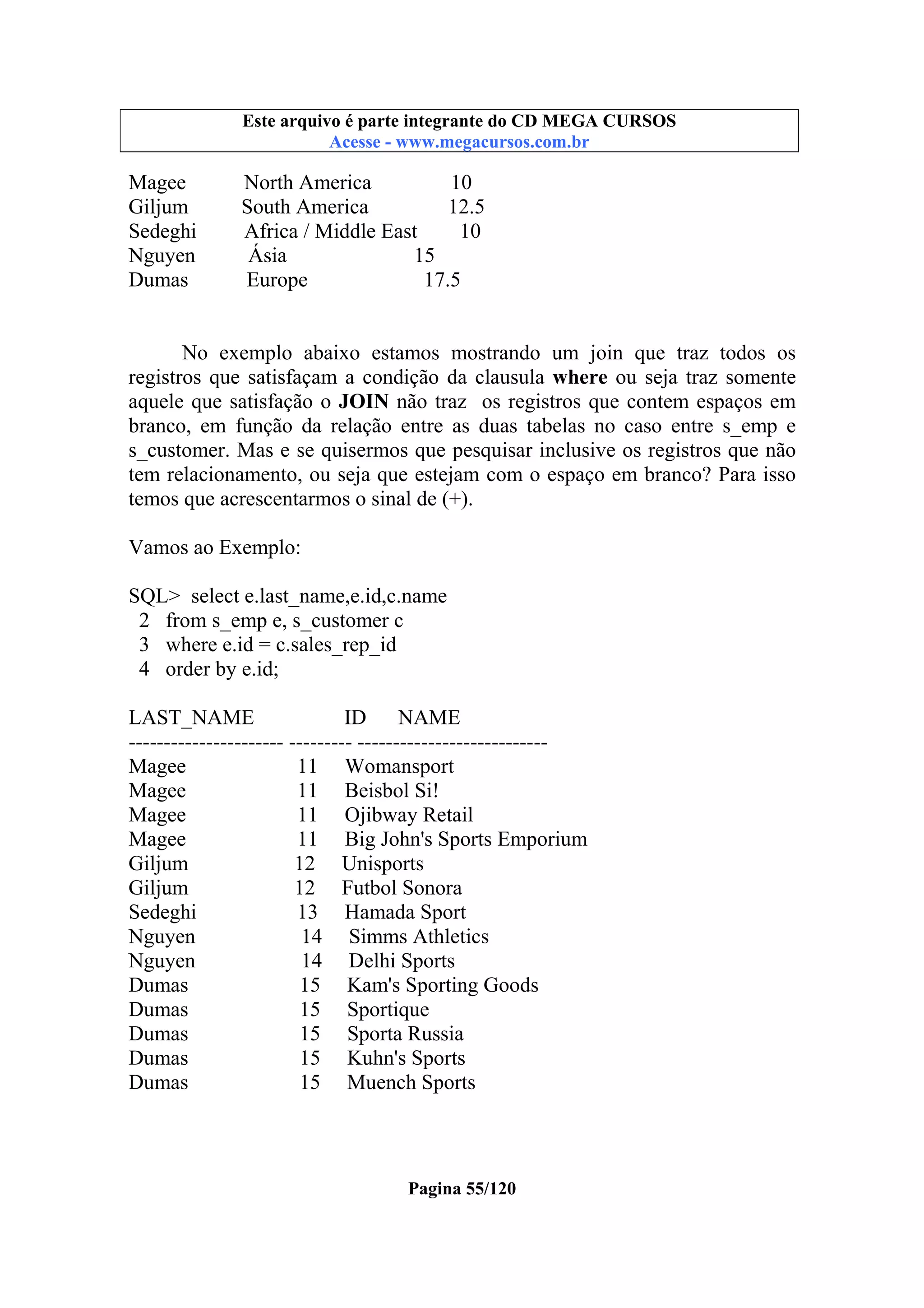 Este arquivo compõe a coletânea STC
Este arquivo é parte integrante do CD MEGA CURSOS
www.trabalheemcasaoverdadeiro.com.br
Acesse - www.megacursos.com.br

Magee
Giljum
Sedeghi
Nguyen
Dumas

North America
10
South America
12.5
Africa / Middle East
10
Ásia
15
Europe
17.5

No exemplo abaixo estamos mostrando um join que traz todos os
registros que satisfaçam a condição da clausula where ou seja traz somente
aquele que satisfação o JOIN não traz os registros que contem espaços em
branco, em função da relação entre as duas tabelas no caso entre s_emp e
s_customer. Mas e se quisermos que pesquisar inclusive os registros que não
tem relacionamento, ou seja que estejam com o espaço em branco? Para isso
temos que acrescentarmos o sinal de (+).
Vamos ao Exemplo:
SQL> select e.last_name,e.id,c.name
2 from s_emp e, s_customer c
3 where e.id = c.sales_rep_id
4 order by e.id;
LAST_NAME
ID
NAME
---------------------- --------- --------------------------Magee
11 Womansport
Magee
11 Beisbol Si!
Magee
11 Ojibway Retail
Magee
11 Big John's Sports Emporium
Giljum
12 Unisports
Giljum
12 Futbol Sonora
Sedeghi
13 Hamada Sport
Nguyen
14 Simms Athletics
Nguyen
14 Delhi Sports
Dumas
15 Kam's Sporting Goods
Dumas
15 Sportique
Dumas
15 Sporta Russia
Dumas
15 Kuhn's Sports
Dumas
15 Muench Sports

Pagina 55/120

 