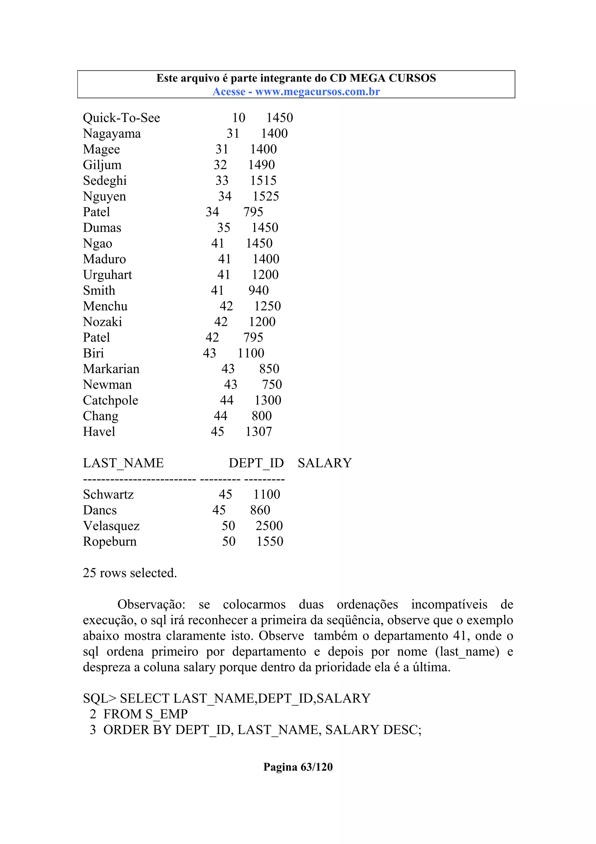 Este arquivo compõe a coletânea STC
Este arquivo é parte integrante do CD MEGA CURSOS
www.trabalheemcasaoverdadeiro.com.br
Acesse - www.megacursos.com.br

Quick-To-See
Nagayama
Magee
Giljum
Sedeghi
Nguyen
Patel
Dumas
Ngao
Maduro
Urguhart
Smith
Menchu
Nozaki
Patel
Biri
Markarian
Newman
Catchpole
Chang
Havel

10
1450
31 1400
31
1400
32
1490
33
1515
34 1525
34
795
35
1450
41
1450
41 1400
41
1200
41
940
42 1250
42
1200
42
795
43
1100
43
850
43
750
44 1300
44
800
45
1307

LAST_NAME
DEPT_ID SALARY
------------------------- --------- --------Schwartz
45 1100
Dancs
45
860
Velasquez
50 2500
Ropeburn
50
1550
25 rows selected.
Observação: se colocarmos duas ordenações incompatíveis de
execução, o sql irá reconhecer a primeira da seqüência, observe que o exemplo
abaixo mostra claramente isto. Observe também o departamento 41, onde o
sql ordena primeiro por departamento e depois por nome (last_name) e
despreza a coluna salary porque dentro da prioridade ela é a última.
SQL> SELECT LAST_NAME,DEPT_ID,SALARY
2 FROM S_EMP
3 ORDER BY DEPT_ID, LAST_NAME, SALARY DESC;
Pagina 63/120

 