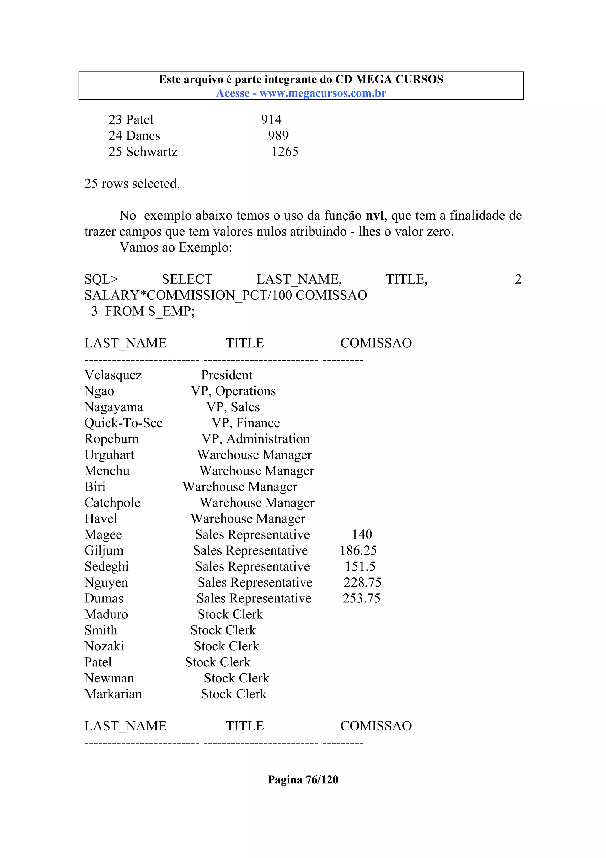 Este arquivo compõe a coletânea STC
Este arquivo é parte integrante do CD MEGA CURSOS
www.trabalheemcasaoverdadeiro.com.br
Acesse - www.megacursos.com.br

23 Patel
24 Dancs
25 Schwartz

914
989
1265

25 rows selected.
No exemplo abaixo temos o uso da função nvl, que tem a finalidade de
trazer campos que tem valores nulos atribuindo - lhes o valor zero.
Vamos ao Exemplo:
SQL>
SELECT
LAST_NAME,
SALARY*COMMISSION_PCT/100 COMISSAO
3 FROM S_EMP;

TITLE,

LAST_NAME
TITLE
COMISSAO
------------------------- ------------------------- --------Velasquez
President
Ngao
VP, Operations
Nagayama
VP, Sales
Quick-To-See
VP, Finance
Ropeburn
VP, Administration
Urguhart
Warehouse Manager
Menchu
Warehouse Manager
Biri
Warehouse Manager
Catchpole
Warehouse Manager
Havel
Warehouse Manager
Magee
Sales Representative
140
Giljum
Sales Representative
186.25
Sedeghi
Sales Representative
151.5
Nguyen
Sales Representative
228.75
Dumas
Sales Representative
253.75
Maduro
Stock Clerk
Smith
Stock Clerk
Nozaki
Stock Clerk
Patel
Stock Clerk
Newman
Stock Clerk
Markarian
Stock Clerk
LAST_NAME
TITLE
COMISSAO
------------------------- ------------------------- --------Pagina 76/120

2

 