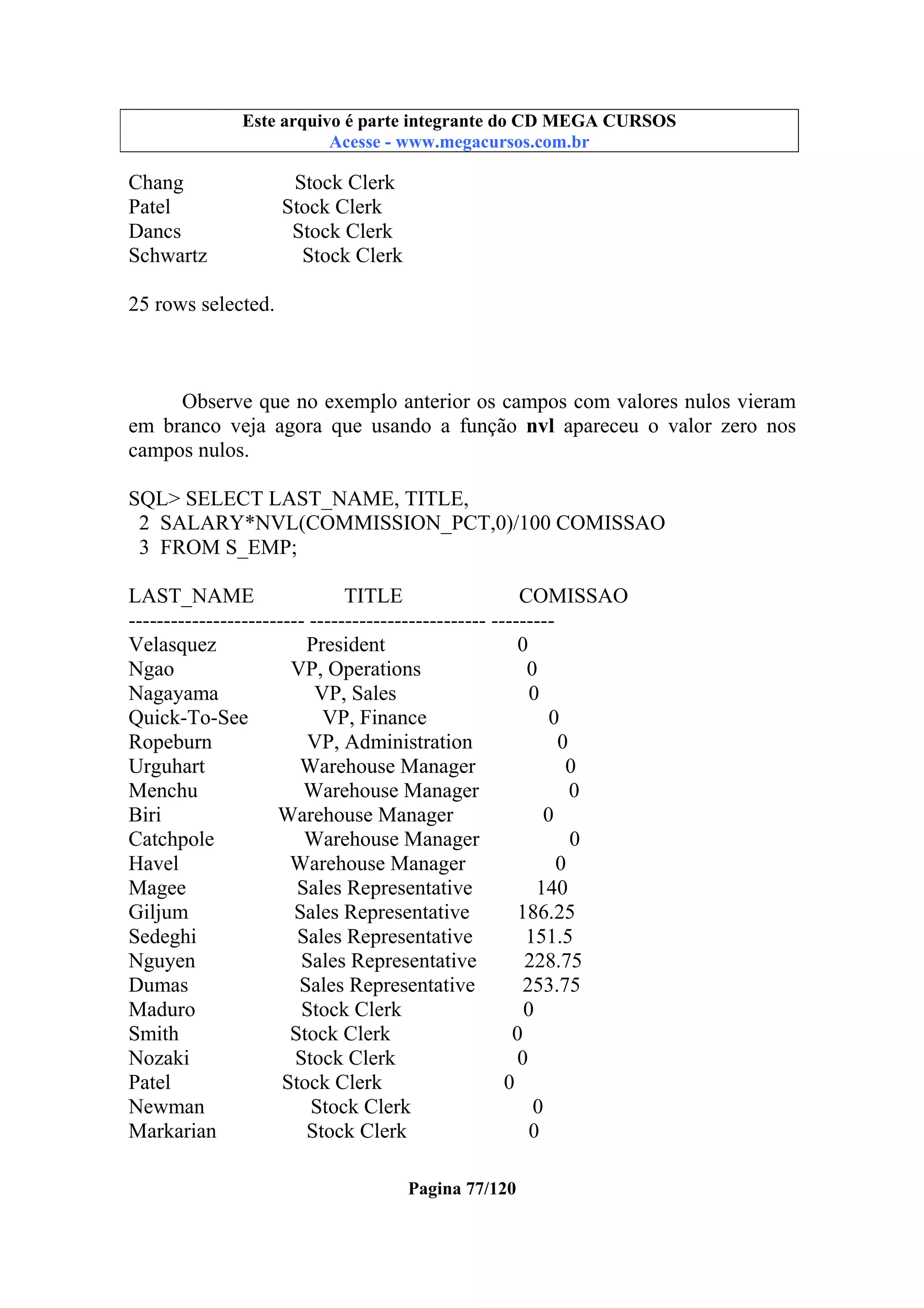 Este arquivo compõe a coletânea STC
Este arquivo é parte integrante do CD MEGA CURSOS
www.trabalheemcasaoverdadeiro.com.br
Acesse - www.megacursos.com.br

Chang
Patel
Dancs
Schwartz

Stock Clerk
Stock Clerk
Stock Clerk
Stock Clerk

25 rows selected.

Observe que no exemplo anterior os campos com valores nulos vieram
em branco veja agora que usando a função nvl apareceu o valor zero nos
campos nulos.
SQL> SELECT LAST_NAME, TITLE,
2 SALARY*NVL(COMMISSION_PCT,0)/100 COMISSAO
3 FROM S_EMP;
LAST_NAME
TITLE
COMISSAO
------------------------- ------------------------- --------Velasquez
President
0
Ngao
VP, Operations
0
Nagayama
VP, Sales
0
Quick-To-See
VP, Finance
0
Ropeburn
VP, Administration
0
Urguhart
Warehouse Manager
0
Menchu
Warehouse Manager
0
Biri
Warehouse Manager
0
Catchpole
Warehouse Manager
0
Havel
Warehouse Manager
0
Magee
Sales Representative
140
Giljum
Sales Representative
186.25
Sedeghi
Sales Representative
151.5
Nguyen
Sales Representative
228.75
Dumas
Sales Representative
253.75
Maduro
Stock Clerk
0
Smith
Stock Clerk
0
Nozaki
Stock Clerk
0
Patel
Stock Clerk
0
Newman
Stock Clerk
0
Markarian
Stock Clerk
0
Pagina 77/120

 