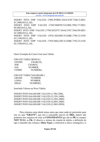 Este arquivo compõe a coletânea STC
Este arquivo é parte integrante do CD MEGA CURSOS
www.trabalheemcasaoverdadeiro.com.br
Acesse - www.megacursos.com.br

INSERT INTO EMP VALUES (7902,'FORD','ANALYST',7566,'3-DEC81',3000,NULL,20);
INSERT INTO EMP VALUES (7369,'SMITH','CLERK',7902,'17-DEC80',800,NULL,20);
INSERT INTO EMP VALUES (7788,'SCOTT','ANALYST',7566,'09-DEC82',3000,NULL,20);
INSERT INTO EMP VALUES (7876,'ADAMS','CLERK',7788,'12-JAN83',1100,NULL,20);
INSERT INTO EMP VALUES (7934,'MILLER','CLERK',7782,'23-JAN82',1300,NULL,10);

Outro Exemplo de Como Criar uma Tabela:
CREATE TABLE BONUS (
ENAME
CHAR(10),
JOB
CHAR(9),
SAL
NUMBER,
COMM
NUMBER);
CREATE TABLE SALGRADE (
GRADE
NUMBER,
LOSAL
NUMBER,
HISAL
NUMBER);
Inserindo Valores na Nova Tabela.
INSERT INTO SALGRADE VALUES (1,700,1200);
INSERT INTO SALGRADE VALUES (2,1201,1400);
INSERT INTO SALGRADE VALUES (3,1401,2000);
INSERT INTO SALGRADE VALUES (4,2001,3000);
INSERT INTO SALGRADE VALUES (5,3001,9999);

Para criarmos uma tabela temos antes que mais nada ter permissão para
isto ou seja “GRANT”, que nos é concedido através do DBA, depois não
podemos nos esquecer de criar as CONSTRAINTS que são as PK os campos
NOT NULL as FK. O observe a sintaxe da criação de tabela, a definição do
tipo e tamanho das colunas ( Data Type), a referencia a chave estrangeira e a
Pagina 29/120

 