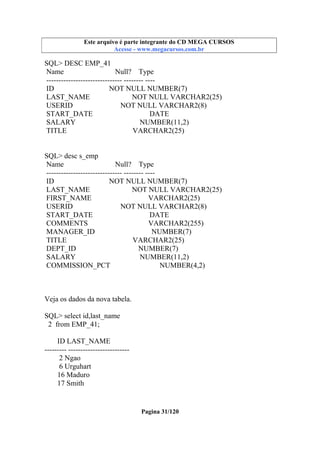 Este arquivo compõe a coletânea STC
Este arquivo é parte integrante do CD MEGA CURSOS
www.trabalheemcasaoverdadeiro.com.br
Acesse - www.megacursos.com.br

SQL> DESC EMP_41
Name
Null? Type
------------------------------- -------- ---ID
NOT NULL NUMBER(7)
LAST_NAME
NOT NULL VARCHAR2(25)
USERID
NOT NULL VARCHAR2(8)
START_DATE
DATE
SALARY
NUMBER(11,2)
TITLE
VARCHAR2(25)

SQL> desc s_emp
Name
Null? Type
------------------------------- -------- ---ID
NOT NULL NUMBER(7)
LAST_NAME
NOT NULL VARCHAR2(25)
FIRST_NAME
VARCHAR2(25)
USERID
NOT NULL VARCHAR2(8)
START_DATE
DATE
COMMENTS
VARCHAR2(255)
MANAGER_ID
NUMBER(7)
TITLE
VARCHAR2(25)
DEPT_ID
NUMBER(7)
SALARY
NUMBER(11,2)
COMMISSION_PCT
NUMBER(4,2)

Veja os dados da nova tabela.
SQL> select id,last_name
2 from EMP_41;
ID LAST_NAME
--------- ------------------------2 Ngao
6 Urguhart
16 Maduro
17 Smith

Pagina 31/120

 