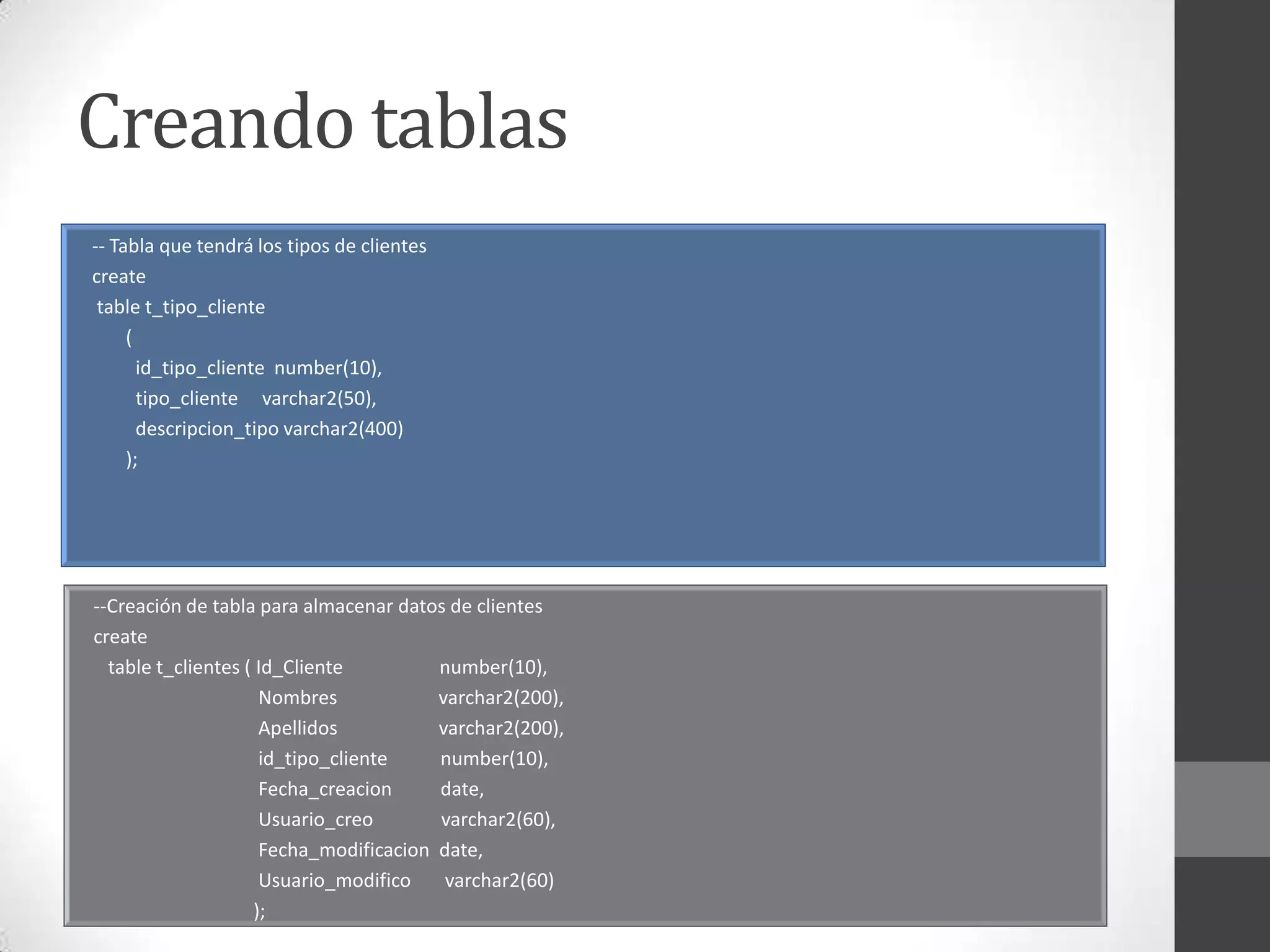 Creando tablas
-- Tabla que tendrá los tipos de clientes
create
table t_tipo_cliente
(
id_tipo_cliente number(10),
tipo_cliente varchar2(50),
descripcion_tipo varchar2(400)
);

--Creación de tabla para almacenar datos de clientes
create
table t_clientes ( Id_Cliente
number(10),
Nombres
varchar2(200),
Apellidos
varchar2(200),
id_tipo_cliente
number(10),
Fecha_creacion
date,
Usuario_creo
varchar2(60),
Fecha_modificacion date,
Usuario_modifico
varchar2(60)
);

 