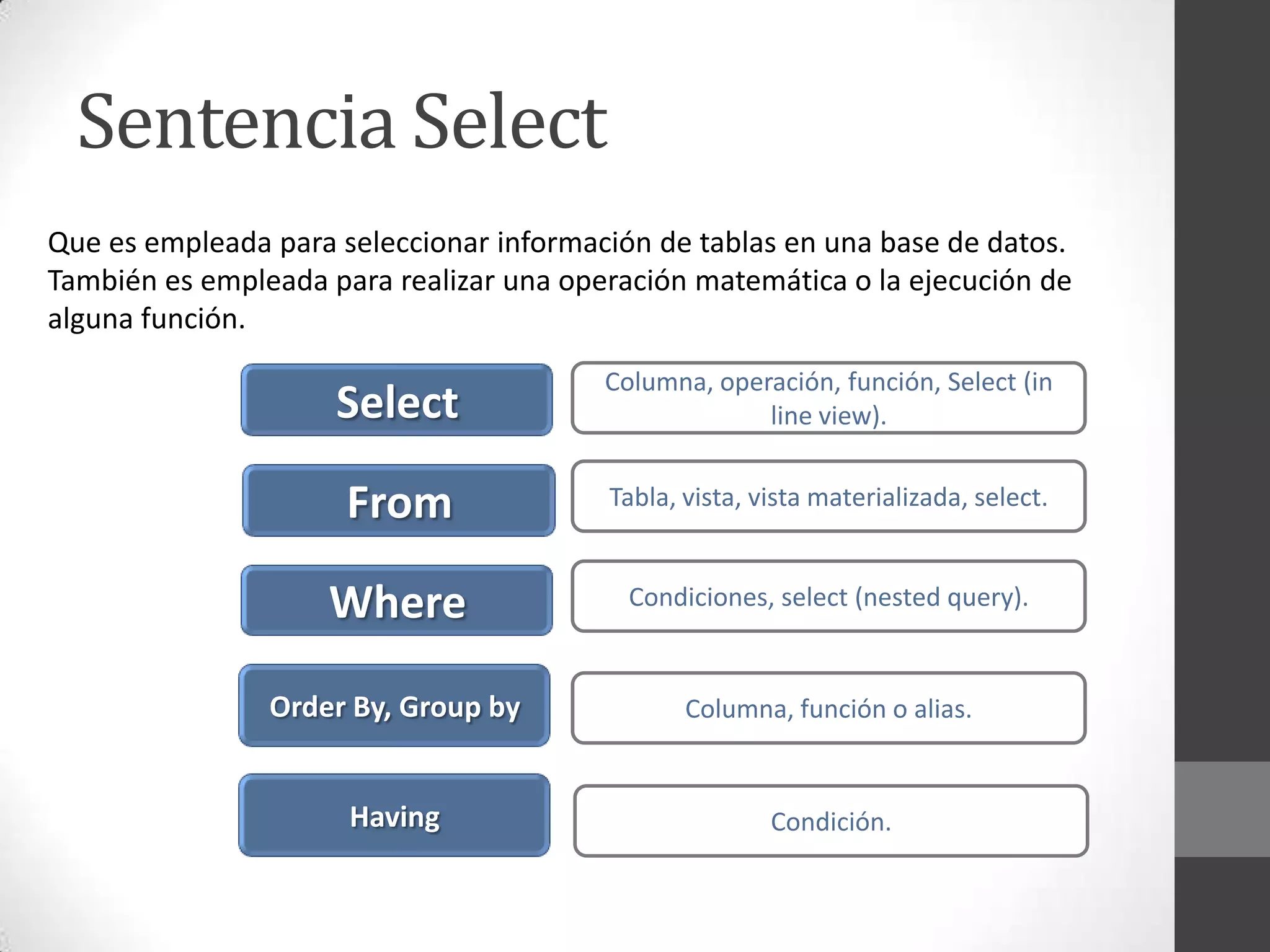 Sentencia Select
Que es empleada para seleccionar información de tablas en una base de datos.
También es empleada para realizar una operación matemática o la ejecución de
alguna función.

Select

Columna, operación, función, Select (in
line view).

From

Tabla, vista, vista materializada, select.

Where

Condiciones, select (nested query).

Order By, Group by

Columna, función o alias.

Having

Condición.

 