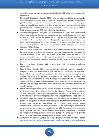 APOSTILA DE INSPEÇÃO E MANUTENÇÃO DOS SISTEMAS ELÉTRICOS EM UNIDADES MARÍTIMAS

                             Eng. Diego Dias de Souza



    do disjuntor de campo, acionamento do circuito hidráulico do regulador de
    velocidade.
   Diferencial de gerador: (função 87G) – relé de alta impedância, com atuação
    instantânea que compara as correntes em cada fase de cada lado da unidade
    geradora, está associado a defeitos entre fases, não sendo sensível para
    defeitos monofásicos, tendo em vista o tipo de aterramento utilizado pelo
    gerador (transformador de distribuição). Energiza os relés de bloqueio F.86E e
    F.86ª, dando disparo de CO2 para o interior da máquina.
   Diferencial de gerador: (função 87TG) – relé similar ao relé F.87T, tendo como
    diferença a utilização de mais um enrolamento para medição das correntes que
    suprem o transformador de serviço local (TSL). Esta proteção é de atuação
    instantânea do conjunto transformador-gerador, que detecta defeitos entre
    fases no enrolamento do transformador e propicia também função de
    retaguarda à proteção diferencial de gerador F.87G. Energiza os relés de
    bloqueio F.86E e F.86A.
   Terra do rotor: (função 64R) – está localizado no circuito de excitação do rotor.
    Este relé possui uma fonte de corrente contínua independente com valor de
    tensão diferente da excitatriz. Sua função é detectar qualquer contato dos
    enrolamentos do rotor com a terra, pois, em condições normais de operação,
    estes ficam totalmente isolados. Quando atuado, apenas dá indicação de
    alarme.
   Terra do estator: (função 64S) – este relé está associado a defeitos
    monofásicos.
   Fase dividida: (função 61) – esta proteção é utilizada somente quando a
    máquina possui dois enrolamentos por fase (modo construtivo da máquina).
    Este relé é responsável pela detecção de curto-circuito entre espiras das
    bobinas do estator do gerador, energizando os relés F.86E e F.86A. Seu
    princípio de funcionamento está baseado no aparecimento de corrente
    diferencial, devido ao desbalanço das correntes entre os dois enrolamentos da
    mesma fase (este tipo de defeito não é detectado pela proteção diferencial do
    transformador).
   Perda de excitação: (função 40) – esta proteção é realizada por um relé de
    distância, detectando defeitos no interior da máquina. A característica elétrica
    da perda de campo é a variação da impedância. Quando há perda de excitação,
    a impedância irá a valores de operação do relé. Energiza os relés F.86E e F.86A.
   Sequência negativa: (função 46) – opera para desbalanço de corrente nas fases
    possui um estágio de alarme e outro de disparo. Existem diversas condições no
    sistema que provocam desbalanço de corrente (fase aberta, carga
    desbalanceada, defeitos bifásicos, e outros). Estes desbalanços provocam o
    surgimento de correntes com frequências de 120 Hz (diferente da nominal),
    estas correntes circulam na superfície do rotor (campo) provocando o aumento
    de temperatura de seus anéis, acarretando danos à máquina. Este relé detecta
    estas correntes, operando e energizando os relés F.86E e F.86A.
   Desbalanço de tensão: (função 60) – esta proteção deverá detectar a perda
    parcial ou total da tensão proveniente do transformador de potencial (queima




                                       55
 