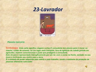 23-Lavrador
Simbologia- Esta carta significa viagens curtas.O consulente tem planos para ir morar no
interior, cuidar de a...
