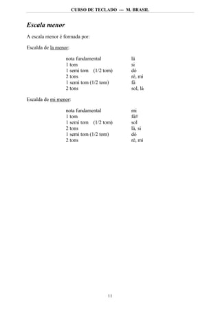 CURSO DE TECLADO --- M. BRASIL


Escala menor
A escala menor é formada por:

Escalda de la menor:

                  nota fundamental            lá
                  1 tom                       si
                  1 semi tom (1/2 tom)        dó
                  2 tons                      ré, mi
                  1 semi tom (1/2 tom)        fá
                  2 tons                      sol, lá

Escalda de mi menor:

                  nota fundamental            mi
                  1 tom                       fá#
                  1 semi tom (1/2 tom)        sol
                  2 tons                      lá, si
                  1 semi tom (1/2 tom)        dó
                  2 tons                      ré, mi




                                     11
 
