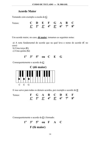 CURSO DE TECLADO --- M. BRASIL


      Acorde Maior
Tomando com exemplo a escala de C:

Temos:               C    D    E     F    G      A     B     C
                     1a   2a   3a    4a   5a     6a    7a    8a


Um acorde maior, no caso, dó maior, tomamos as seguintes notas:

 a) A nota fundamental do acorde que na qual leva o nome do acorde (C no
caso)
 b) Uma terça (E)
 c) Uma quinta (G)

            1a       3a   5a   ou C       E      G
Consequentemente o acorde de C:

                     C (dó maior)




      C    E     G

E isso serve para todas os demais acordes, por exemplo o acorde de F:

Temos:               F    G    A     B    C      D     E     F
                     1a   2a   3a    4a   5a     6a    7a    8a




Consequentemente o acorde de F é formado:

            1a       3a   5a   ou F       A      C
                     F (fá maior)

                                     14
 