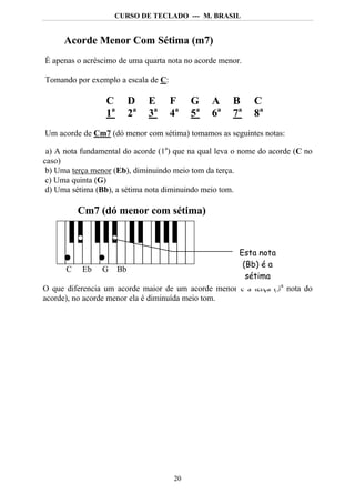CURSO DE TECLADO --- M. BRASIL


      Acorde Menor Com Sétima (m7)
É apenas o acréscimo de uma quarta nota no acorde menor.

Tomando por exemplo a escala de C:

                  C     D     E      F    G     A     B     C
                  1a    2a    3a     4a   5a    6a    7a    8a
Um acorde de Cm7 (dó menor com sétima) tomamos as seguintes notas:

 a) A nota fundamental do acorde (1a) que na qual leva o nome do acorde (C no
caso)
 b) Uma terça menor (Eb), diminuindo meio tom da terça.
 c) Uma quinta (G)
 d) Uma sétima (Bb), a sétima nota diminuindo meio tom.

         Cm7 (dó menor com sétima)


                                                    Esta nota
                                                     (Bb) é a
       C Eb G Bb
                                                      sétima
O que diferencia um acorde maior de um acorde menor é a terça (3a nota do
acorde), no acorde menor ela é diminuída meio tom.




                                     20
 