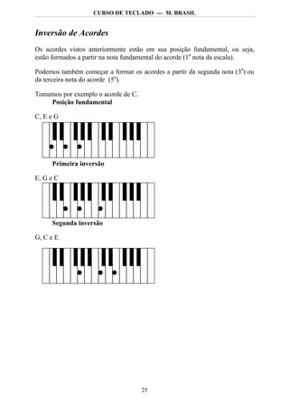 CURSO DE TECLADO --- M. BRASIL


Inversão de Acordes
Os acordes vistos anteriormente estão em sua posição fundamental, ou seja,
estão formados a partir na nota fundamental do acorde (1a nota da escala).

Podemos também começar a formar os acordes a partir da segunda nota (3a) ou
da terceira nota do acorde (5a).

Tomamos por exemplo o acorde de C.
    Posição fundamental

C, E e G




     Primeira inversão

E, G e C




     Segunda inversão

G, C e E




                                     25
 