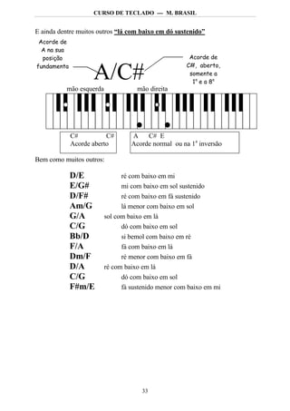 CURSO DE TECLADO --- M. BRASIL


E ainda dentre muitos outros “lá com baixo em dó sustenido”
 Acorde de
  A na sua
  posição                                             Acorde de
fundamenta                                           C#, aberto,
      l             A/C#                              somente a
                                                       1 a e a 8a
          mão esquerda              mão direita        nota do




             C#          C#       A    C# E
             Acorde aberto        Acorde normal ou na 1a inversão

Bem como muitos outros:

             D/E               ré com baixo em mi
             E/G#              mi com baixo em sol sustenido
             D/F#              ré com baixo em fá sustenido
             Am/G              lá menor com baixo em sol
             G/A         sol com baixo em lá
             C/G               dó com baixo em sol
             Bb/D              si bemol com baixo em ré
             F/A               fá com baixo em lá
             Dm/F              ré menor com baixo em fá
             D/A         ré com baixo em lá
             C/G              dó com baixo em sol
             F#m/E            fá sustenido menor com baixo em mi




                                      33
 