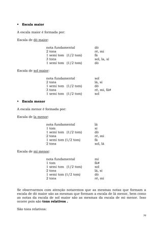 Escala maior

A escala maior é formada por:

Escala de dó maior:

                  nota fundamental          dó
                  2 tons                    ré, mi
                  1 semi tom (1/2 tom)      fá
                  3 tons                    sol, la, si
                  1 semi tom (1/2 tom)      dó

Escala de sol maior:

                  nota fundamental          sol
                  2 tons                    lá, si
                  1 semi tom (1/2 tom)      dó
                  3 tons                    ré, mi, fá#
                  1 semi tom (1/2 tom)      sol

   Escala menor

A escala menor é formada por:

Escala de la menor:

                  nota fundamental          lá
                  1 tom                     si
                  1 semi tom (1/2 tom)      dó
                  2 tons                    ré, mi
                  1 semi tom (1/2 tom)      fá
                  2 tons                    sol, lá

Escala de mi menor:

                  nota fundamental          mi
                  1 tom                     fá#
                  1 semi tom (1/2 tom)      sol
                  2 tons                    lá, si
                  1 semi tom (1/2 tom)      dó
                  2 tons                    ré, mi


Se observarmos com atenção notaremos que as mesmas notas que formam a
escala de dó maior são as mesmas que formam a escala de lá menor, bem como
as notas da escala de sol maior são as mesmas da escala de mi menor. Isso
ocorre pois são tons relativos .

São tons relativos:
                                                                        39
 